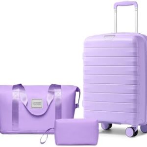 LARVENDER Luggage Sets 3 Piece with Duffel Bag Hardside PP Carry On Suitcase with 360° Spinner Wheels TSA Lock Luggage Sets for Women, Lavender