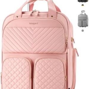 Underseat Carry On Luggage with Wheels, Airline Approved Personal Item Bag, Multiple Compartment Travel Carry-On with Leather Handle, Soft Side Lightweight Rolling Suitcase for Women, Pink, L
