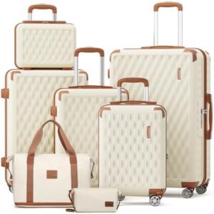 Melalenia Luggage Sets 7 Piece Hard Shell Carry on Suitcase with Spinner Wheels and TSA Lock, Lightweight Travel Duffel Bag for Women, Beige Brown